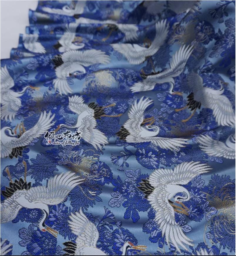Crane Jacquard Satin Fabric: Japanese Brocade, Silver Grey, 29.5"W