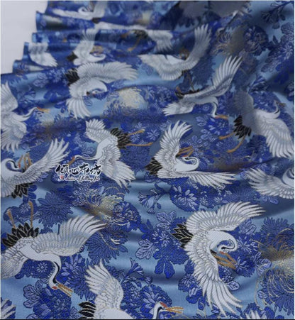 Crane Jacquard Satin Fabric: Japanese Brocade, Silver Grey, 29.5"W
