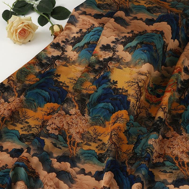 Tea Silk Satin Fabric: Ancient Painting Print, 59" Wide