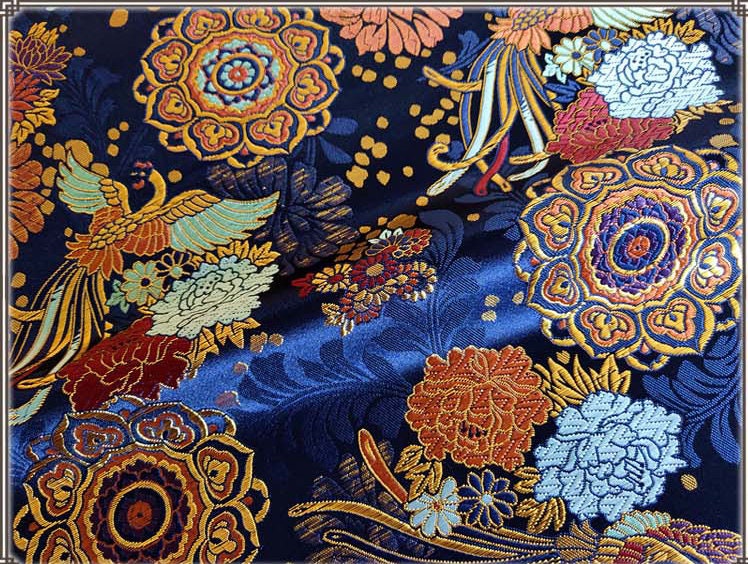 Silk Brocade Fabric: Peony Phoenix Design, 29.5" Wide, By The Meter