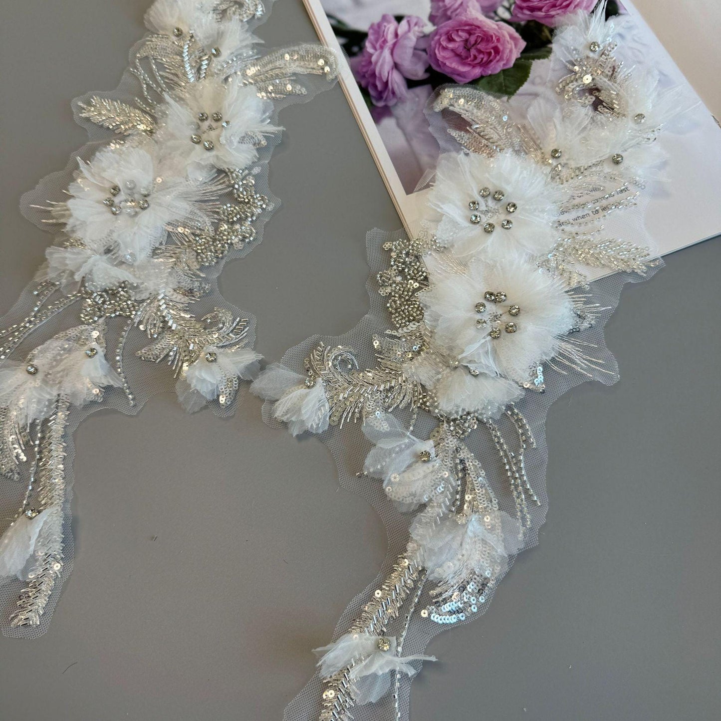 3D Floral Applique ��� Beaded Sequins Mesh Fabric, Wedding Lac