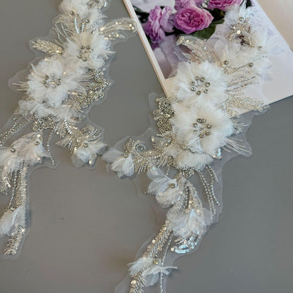 3D Floral Applique ��� Beaded Sequins Mesh Fabric, Wedding Lac