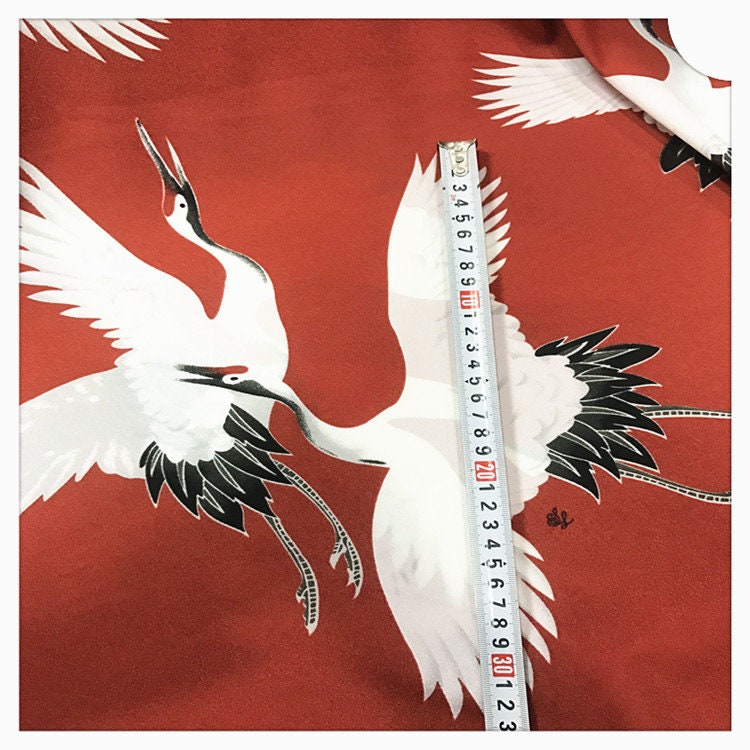 Japanese Crane Print Fabric: Polyester Kimono Dress Fabric - 1 Meter