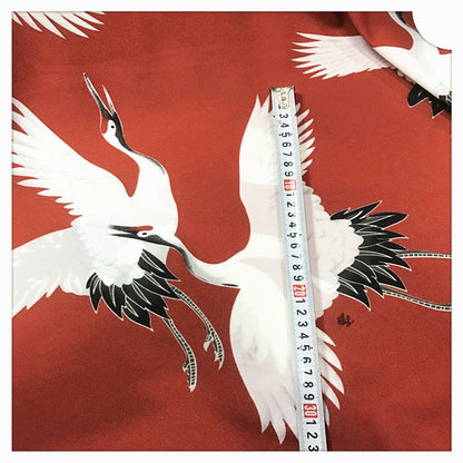 Japanese Crane Print Fabric: Polyester Kimono Dress Fabric - 1 Meter