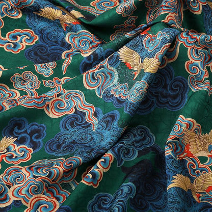 Ancient Xiangyun Tea Silk Satin Fabric: Crane & Cloud Print, 59"W