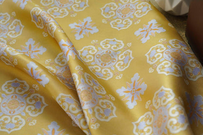 Yellow Silk Brocade Fabric: Chinese Floral Pattern, 59" Wide