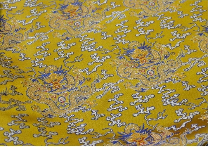 Yellow Dragon Brocade Fabric: Chinese Silk Damask, Cheongsam Costume Decor