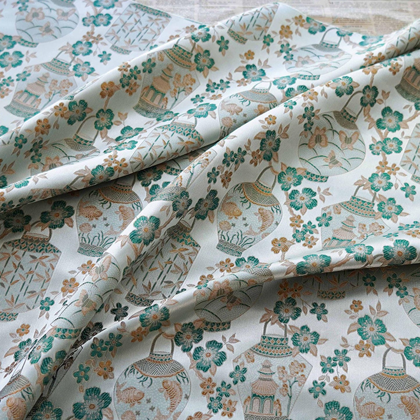 Green Brocade Fabric: Ancient Chinese Painting Pattern, 65" Wide