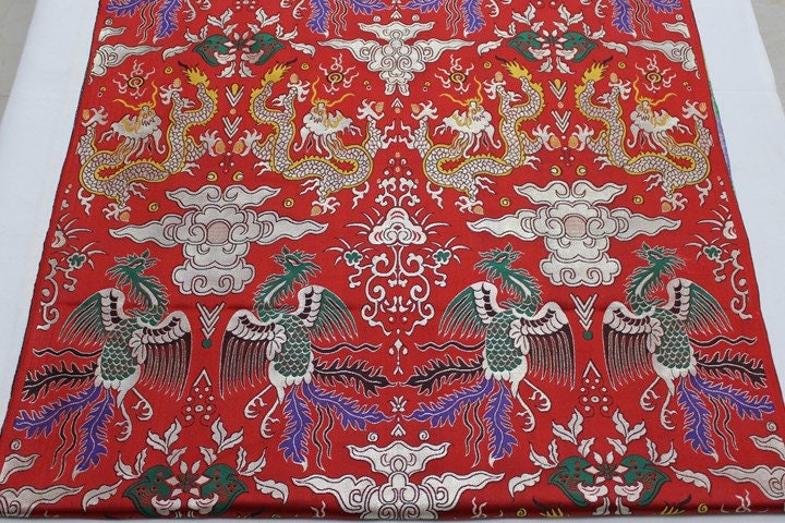 Dragon & Phoenix Brocade Fabric: Red Silk Blend, 29"W