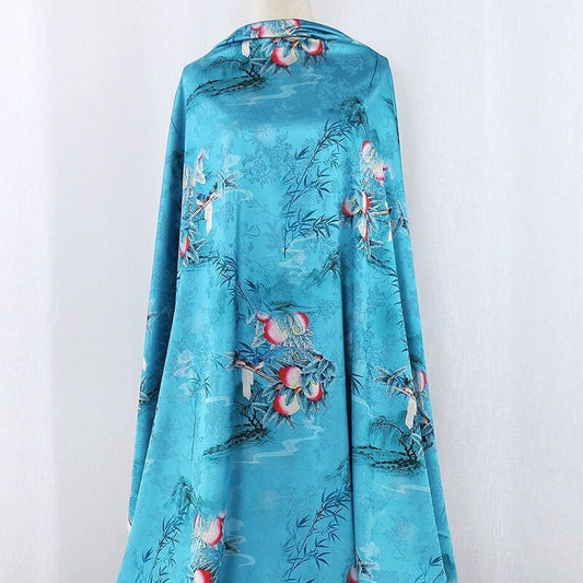 Tissu satin de soie pêche turquoise thé : imprimé floral, 150 cm de large