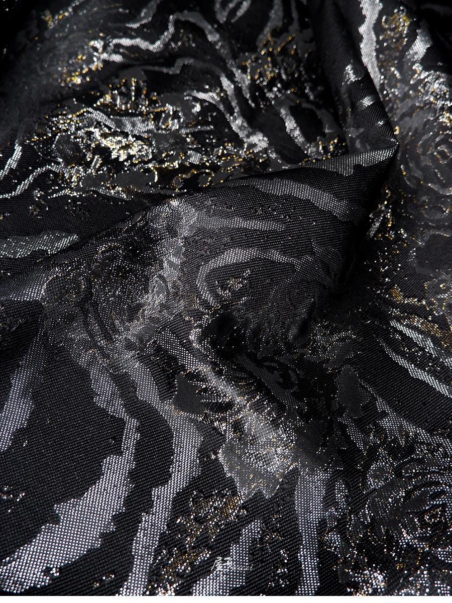Gold & Silver Rose Polyester Fabric: Shiny Designer Material, 45"W