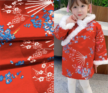 Tissu brocart à fleurs de prunier rouge : Matériel de couture pour cheongsam qipao