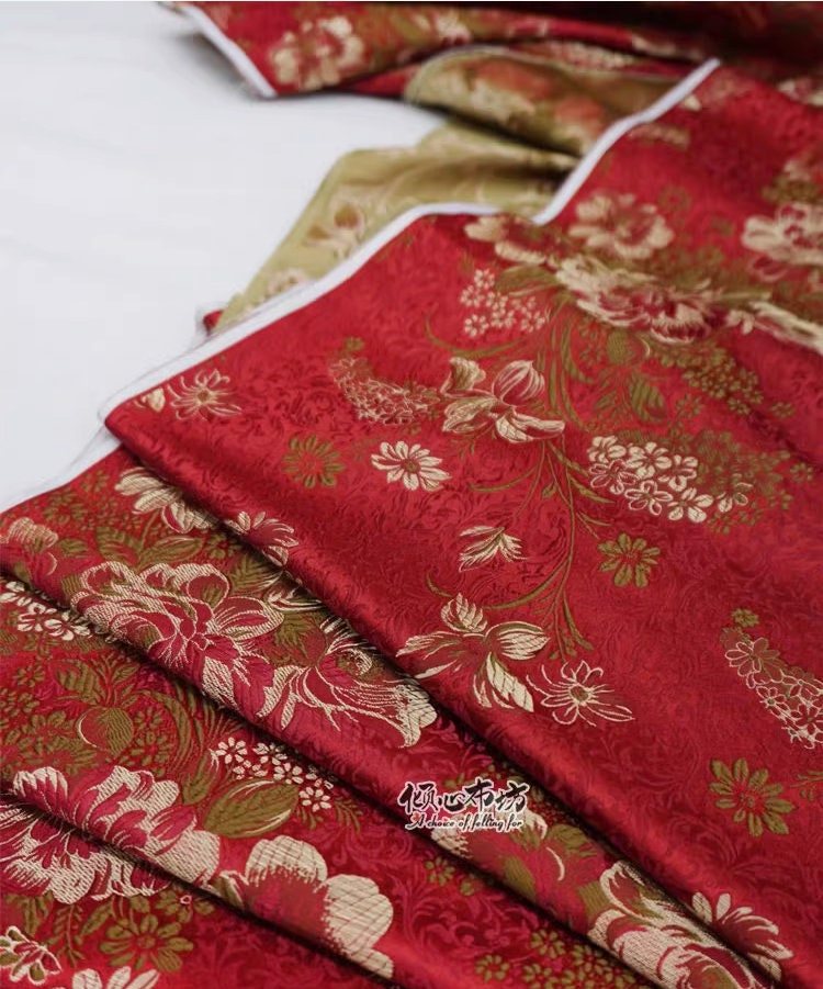 Maroon Peony Brocade Fabric: 29"W Rayon Blend, Costume & Decor