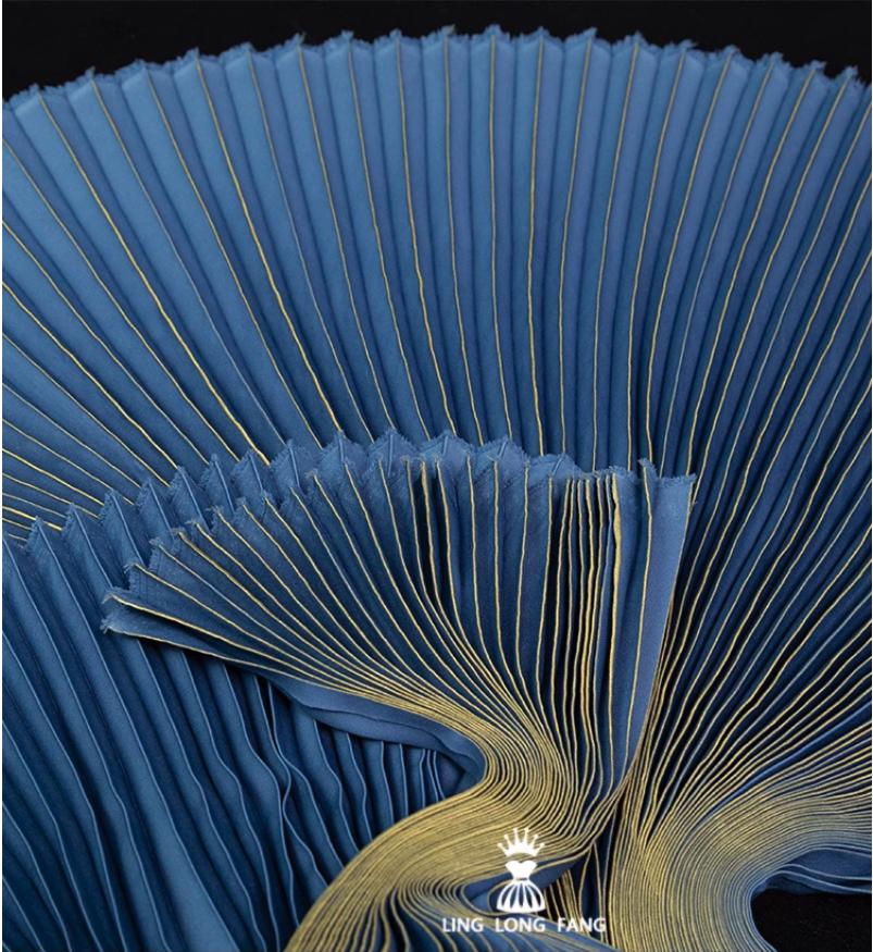 Ocean Blue Foil Pleated Fabric: Hand-Pressed Crepe Designer Material