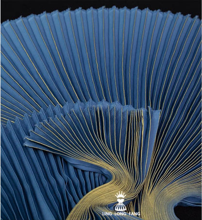 Ocean Blue Foil Pleated Fabric: Hand-Pressed Crepe Designer Material