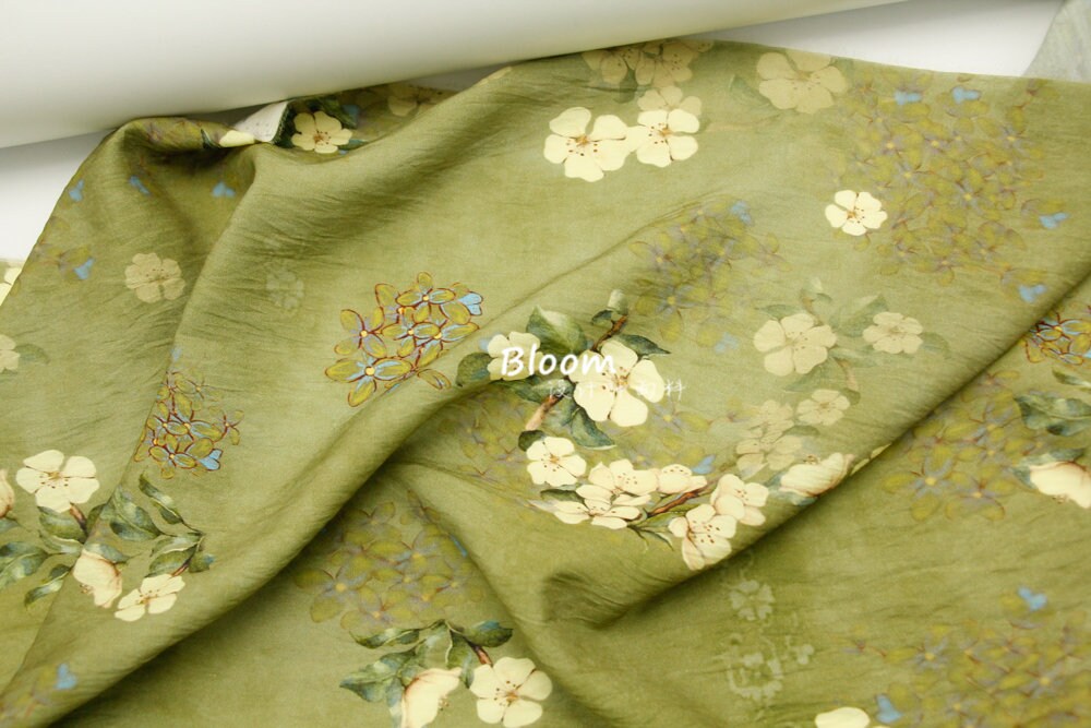 Floral Autumn Green Hemp Tencel Linen Fabric: Sewing & Crafts