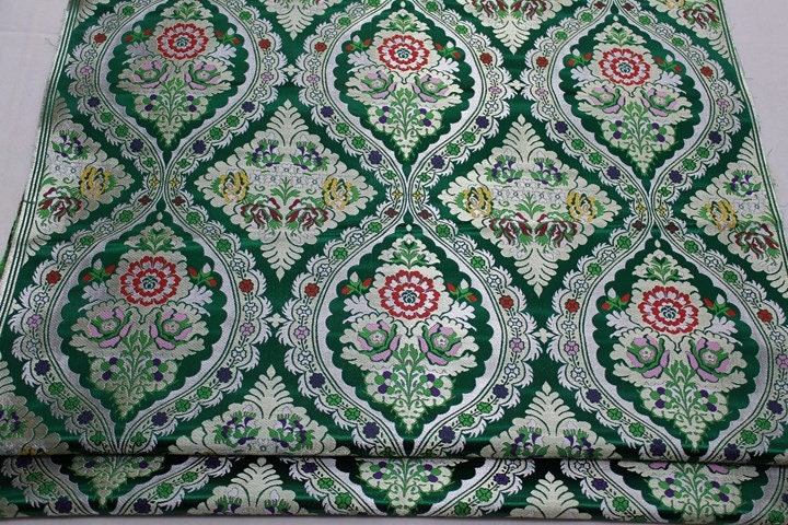 29"W Vintage Tibetan Brocade Fabric: Green Silk Rayon Textile