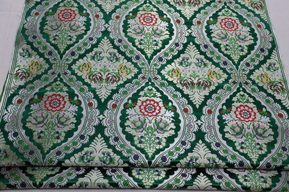 29"W Vintage Tibetan Brocade Fabric: Green Silk Rayon Textile