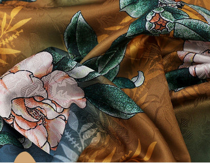 Peony Tea Satin Silk Fabric: 59"W Digital Print Sewing Material