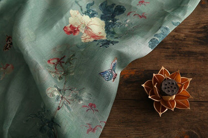 Tissu ramie imprimé floral : matériau de couture de style asiatique, 145 cm de large