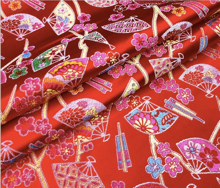 Japanese Fan Jacquard Brocade Fabric: Shiny Silk Rayon Blend, 59" Wide