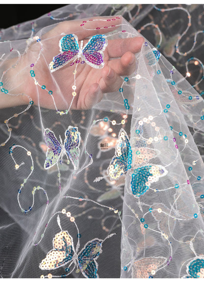 Butterfly Sequin Embroidered Mesh Fabric, See-Through Designer Fabric