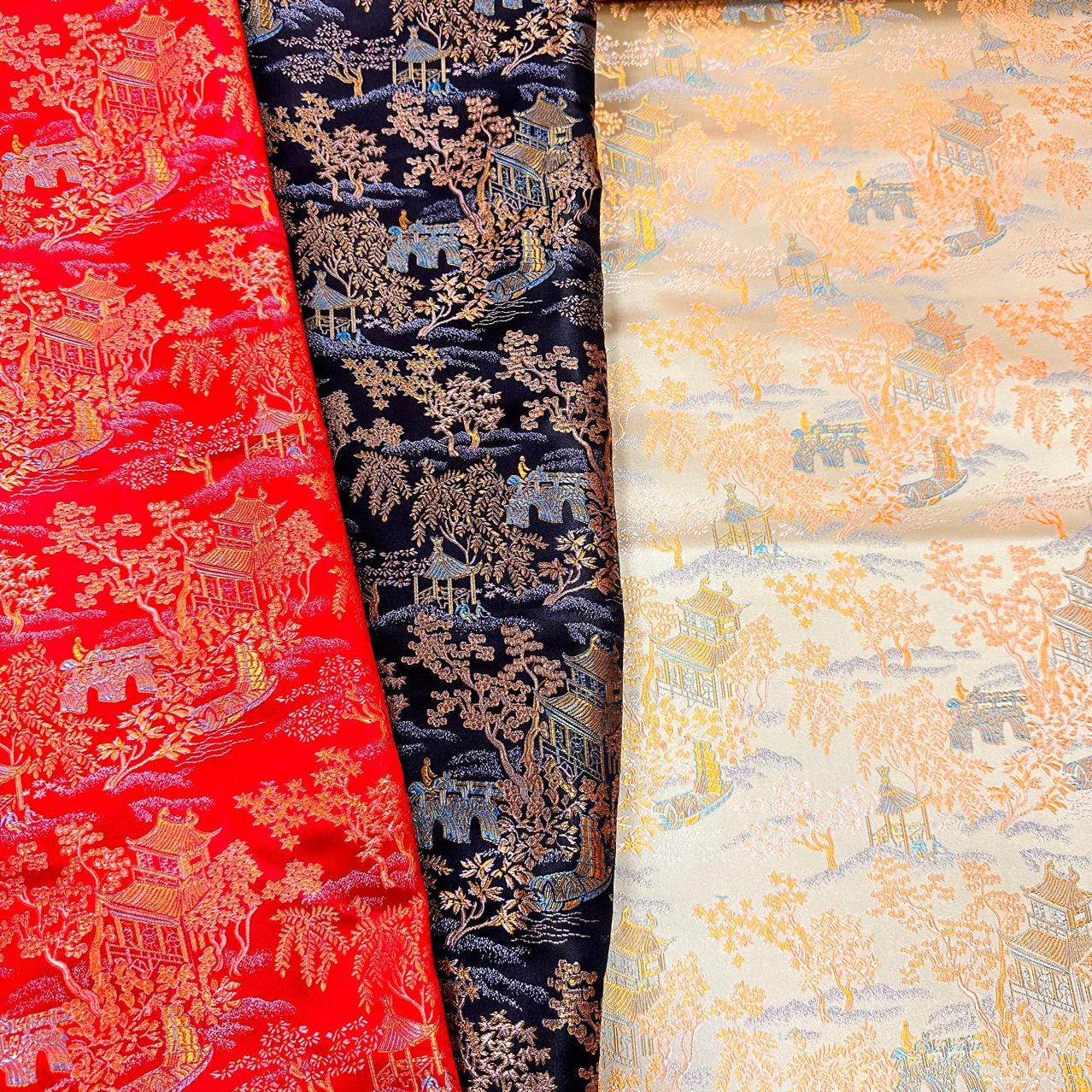 Ancient Chinese Brocade Fabric: 59"W Damask Pattern, Upholstery & Sewing