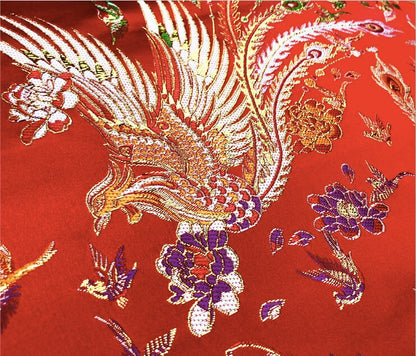 Tissu satin jacquard Phoenix : Hommage aux oiseaux, tissu d'ameublement rouge (29,5 po L)
