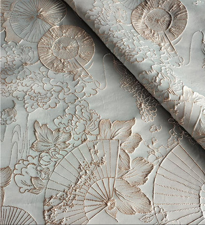 Tissu jacquard gaufré à motif éventail de lotus avec fil doré, 147 cm de large