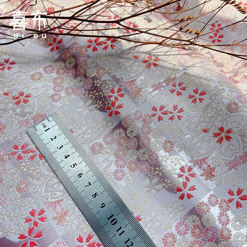 Japanese Cherry Blossom Brocade Fabric: Pink Silk Kinran for Kimono, Bowknot