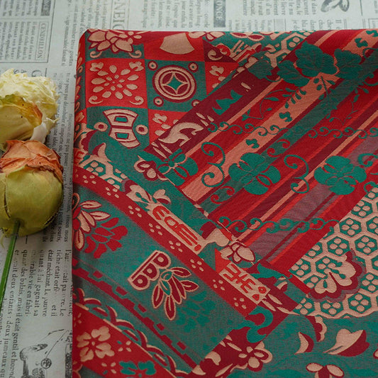 64"W Teal Jacquard Brocade Fabric ��� Longevity Peony Flower, High-Density Satin, Traditional Asian Textile for Quilting, Costumes, Home