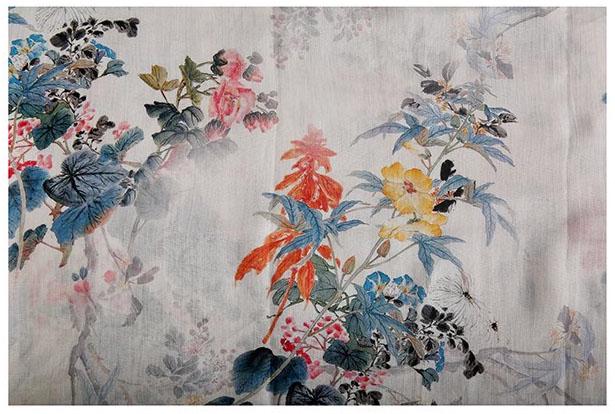 Floral Ramie Fabric: Ancient Ink Painting Print, 57" Wide