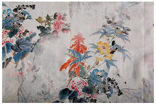 Floral Ramie Fabric: Ancient Ink Painting Print, 57" Wide