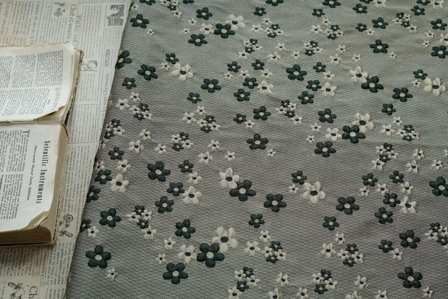 Green Grey Jacquard Fabric: 3D Flower Design, Upholstery & Costume