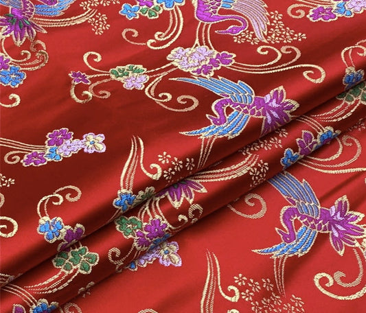 Auspicious Clouds Silk Brocade Fabric: Red Cheongsam Robe Material (59" W)