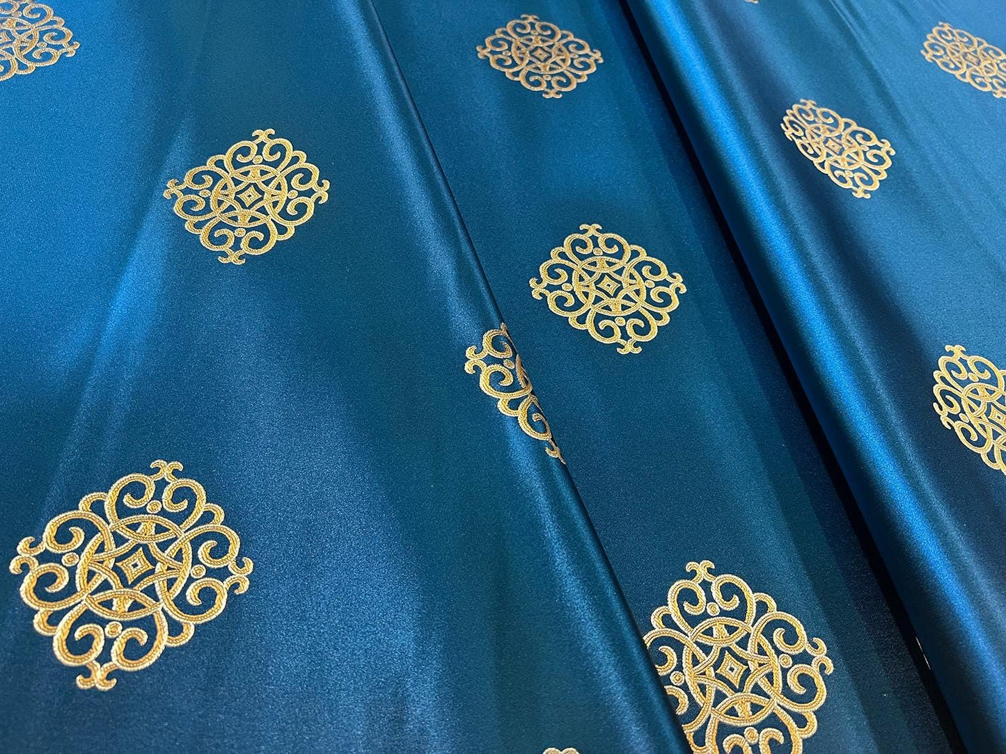 Blue Brocade Fabric: Chinese Mongolian Style Rayon Blend (29.5" Wide)