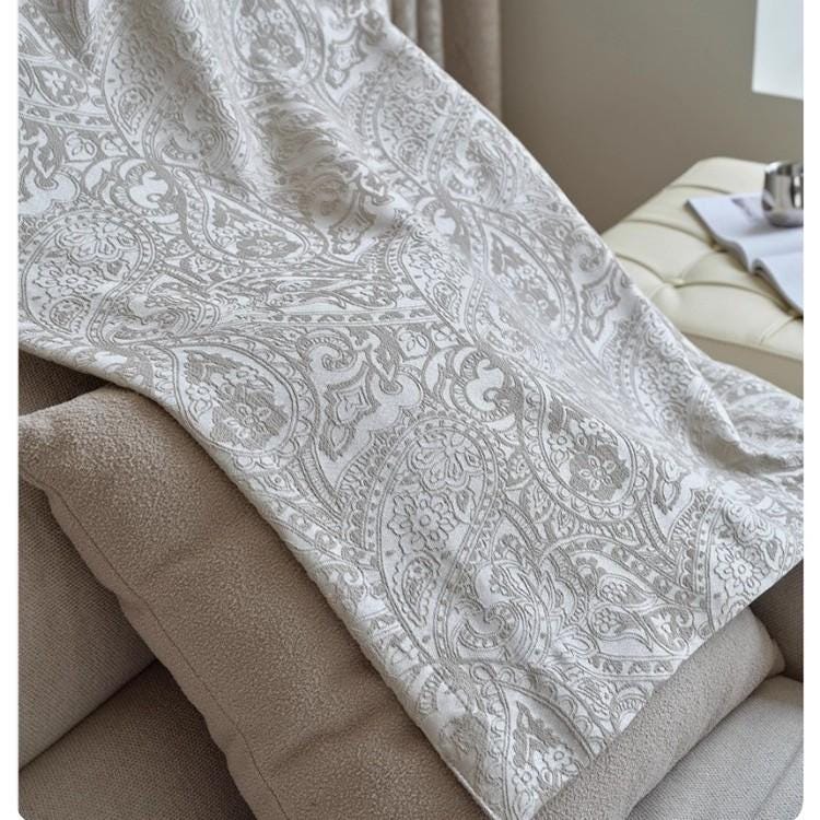 French Vintage Paisley Jacquard Curtain Fabric ��� Luxury Embossed Cream Drapery, 114��� Extra-Tall Height, Sold by the Meter, Co