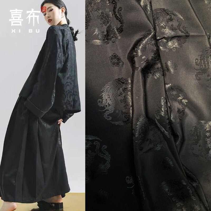 Black Dragon Phoenix Jacquard Fabric: Chinese Antique Style (59"W)