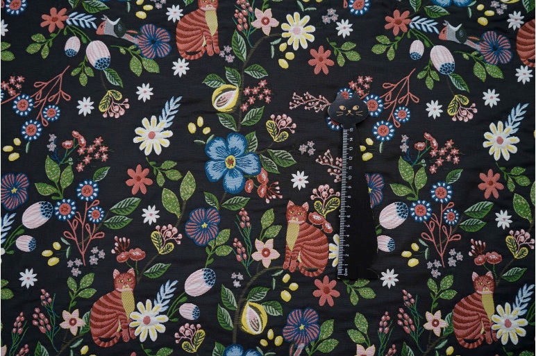 Black Cat Jacquard Fabric: Floral Upholstery, Costume, Decor (58"W)