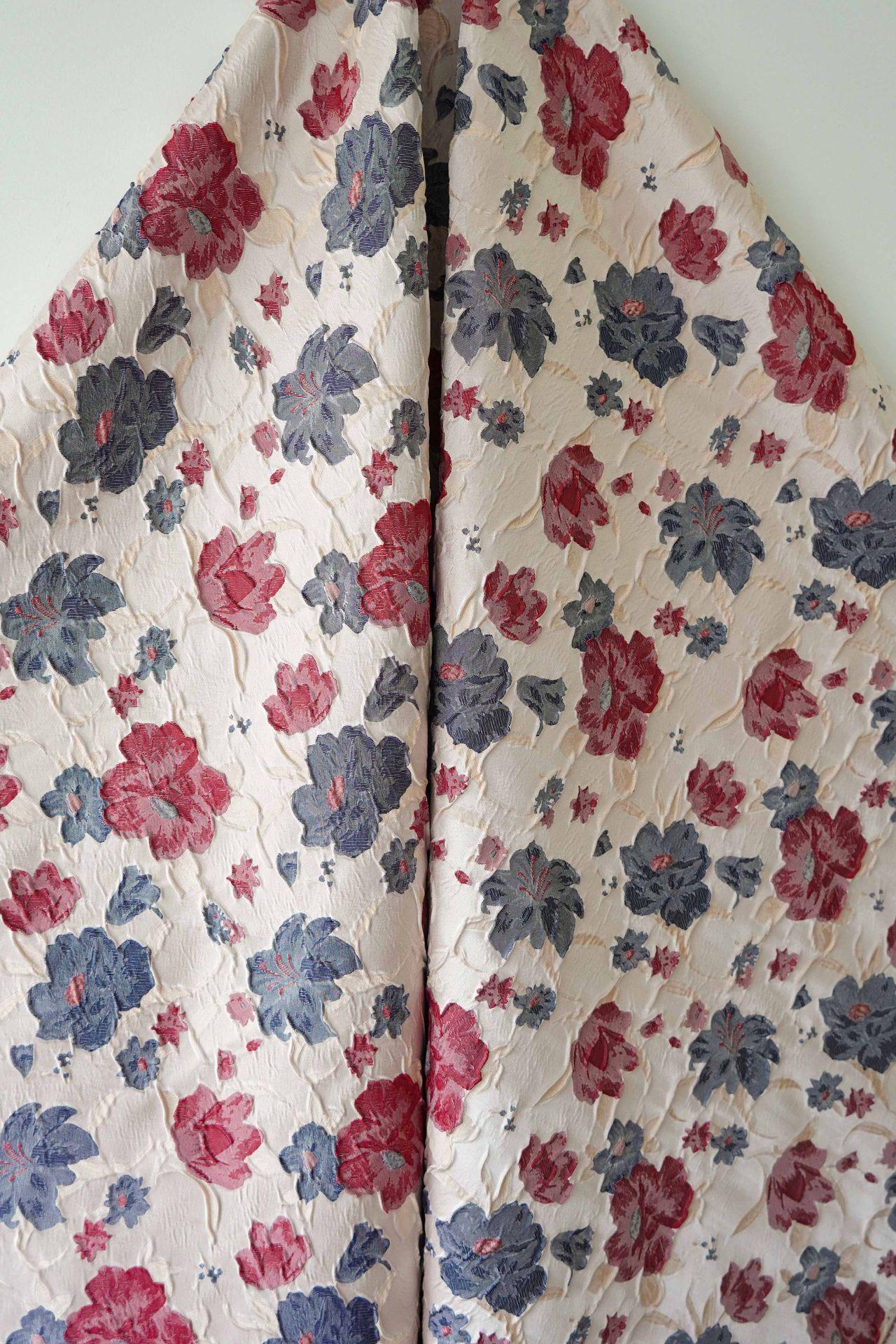 Reversible Jacquard Woven Fabric: Blue Red Embossed Flower, 60" Wide