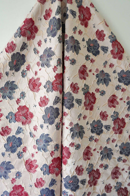Reversible Jacquard Woven Fabric: Blue Red Embossed Flower, 60" Wide