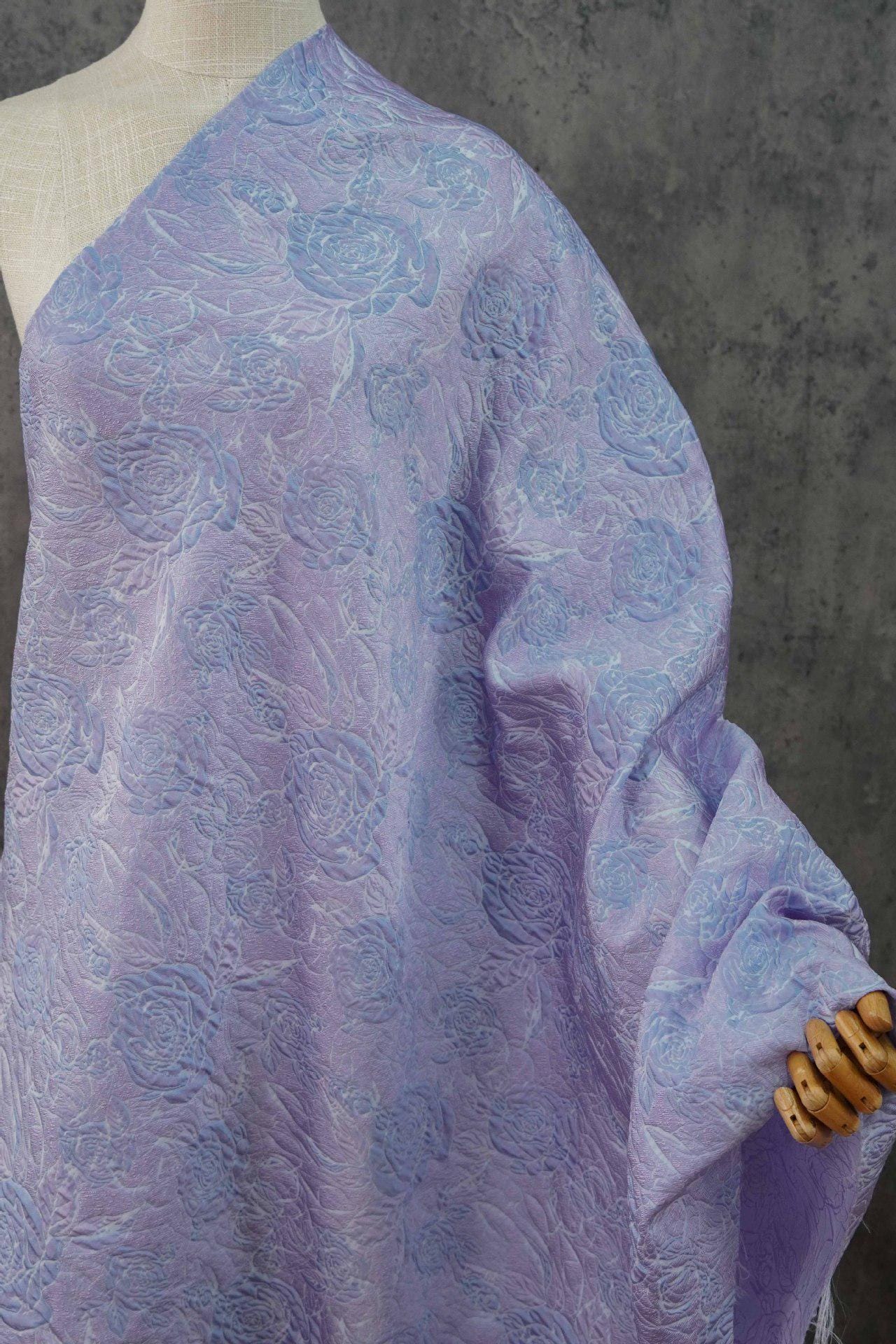 Lilac & Blue Floral Jacquard Woven Fabric: 3D Embossed Upholstery, Costume, Sewing - 55"W