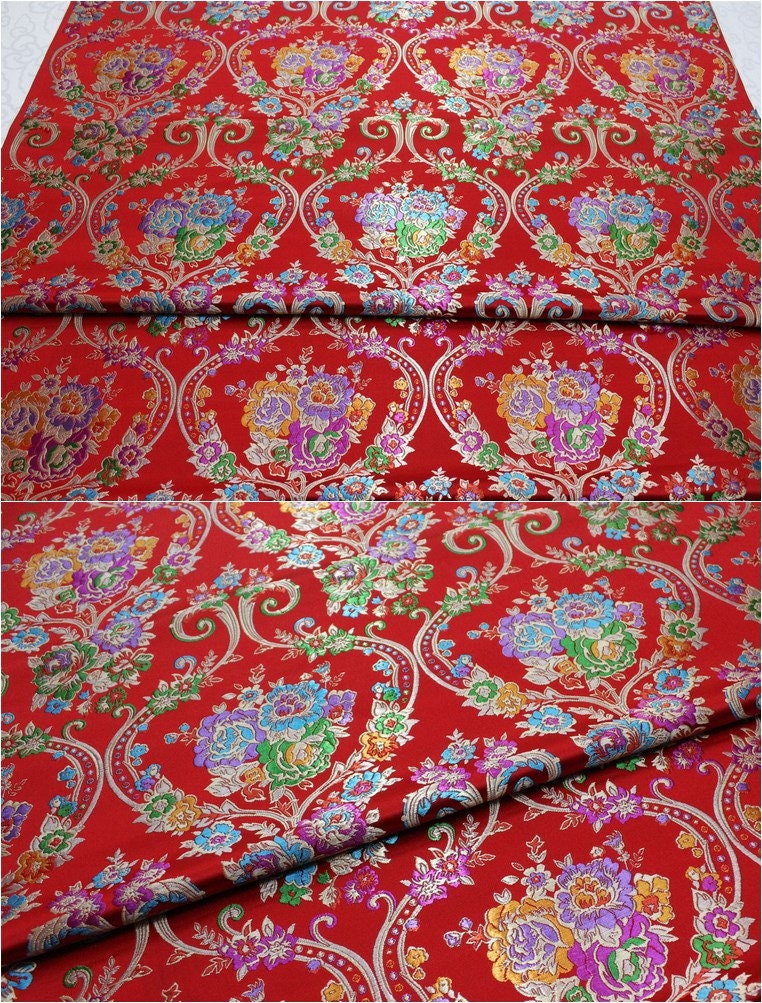 Tissu brocart à motifs floraux : 75 cm de large, style tibétain vintage, soie et rayonne