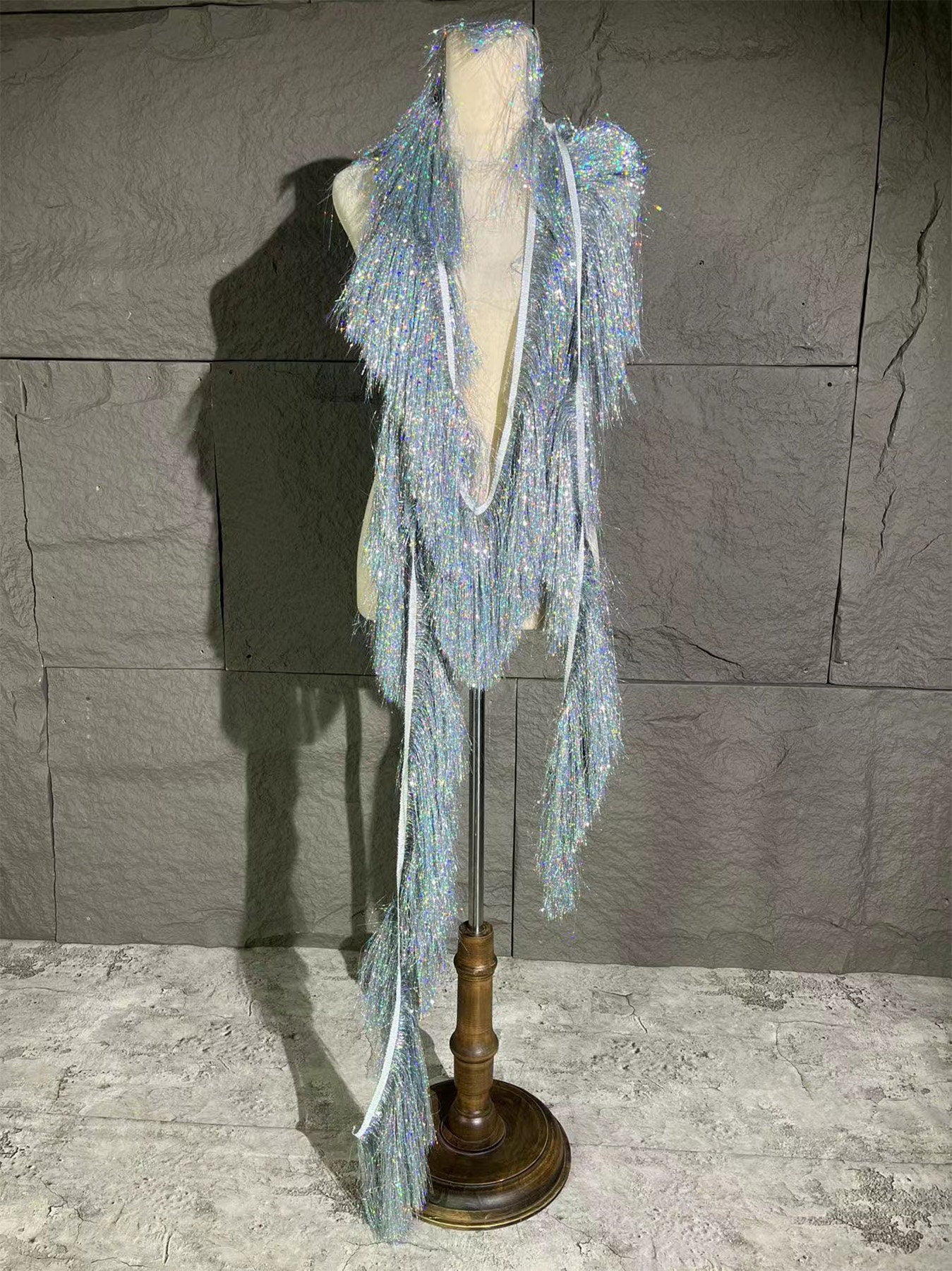 Tissu à franges argentées pour la danse : franges en polyester de 20 cm, décoration à faire soi-même