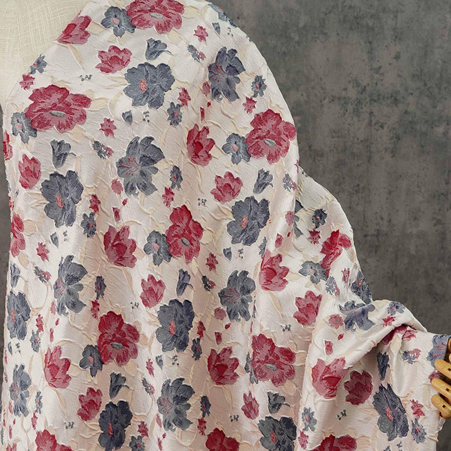 Reversible Jacquard Woven Fabric: Blue Red Embossed Flower, 60" Wide