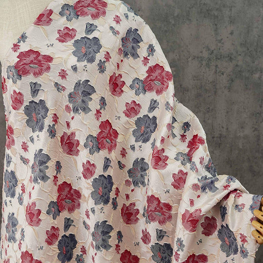 Reversible Jacquard Woven Fabric: Blue Red Embossed Flower, 60" Wide