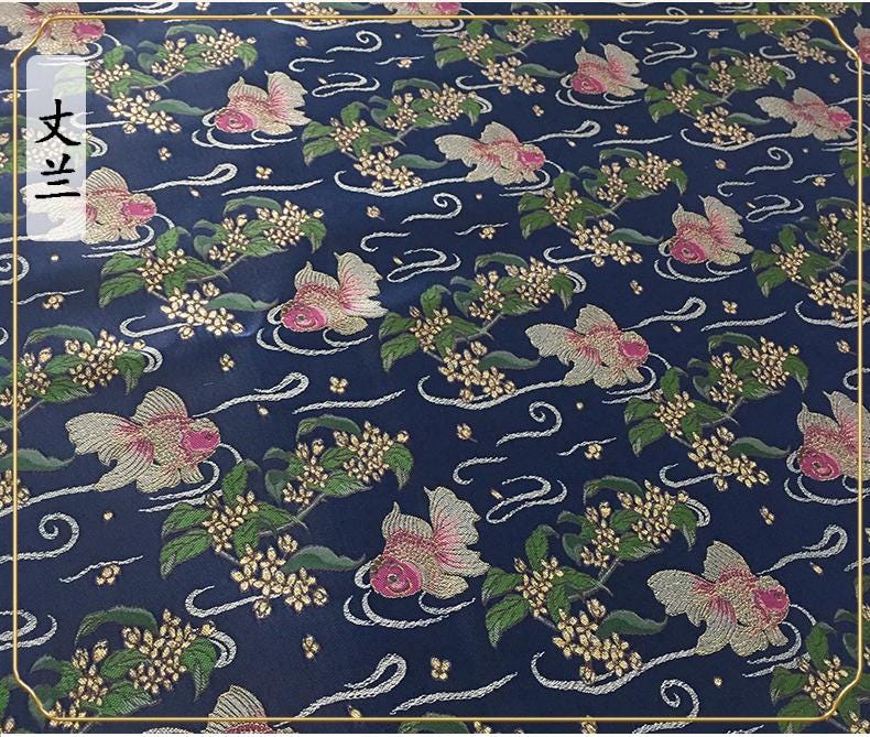 Aqua Blue Goldfish Silk Brocade Fabric: 59"W Emperor Robe, Cheongsam