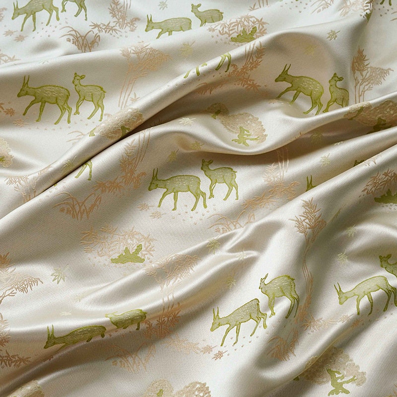 Green Deer Faux Silk Brocade Fabric: 59" Wide, By The Meter