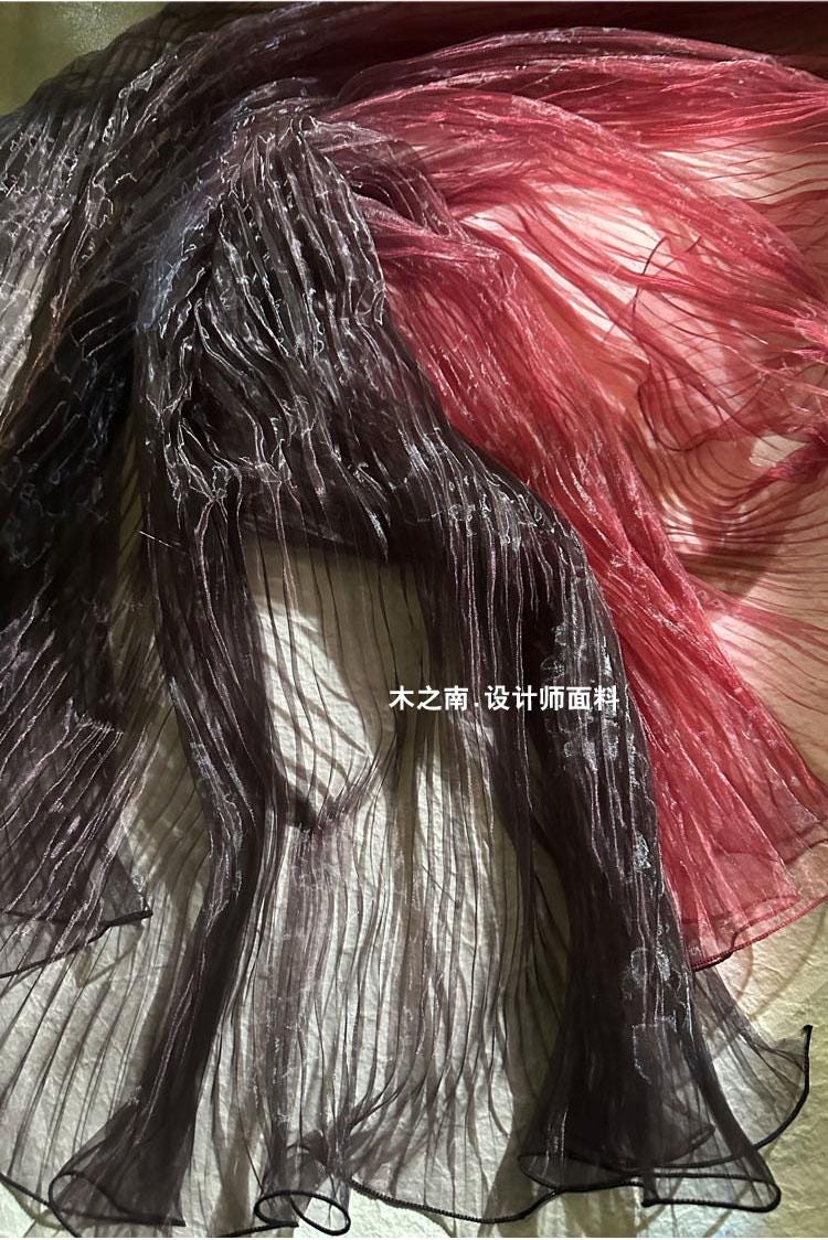 Black & Red Gradient Organza Fabric: Accordion Pleated, 55" Wide