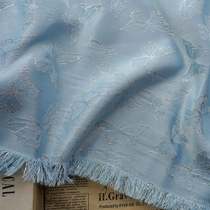 Blue Butterfly Jacquard Fabric: Silver Thread Rayon, 59" Wide